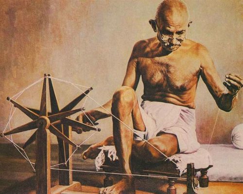Mahatma Gandhi with Charkha vocal for local - Mahatma Gandhi with Charkha 500x400 - VOCAL FOR LOCAL IN THE CHANGING ECONOMIC LANDSCAPE