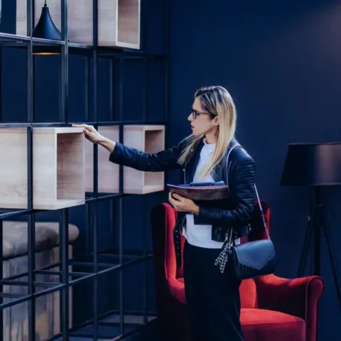 Interior designer checking design elements in home design showro