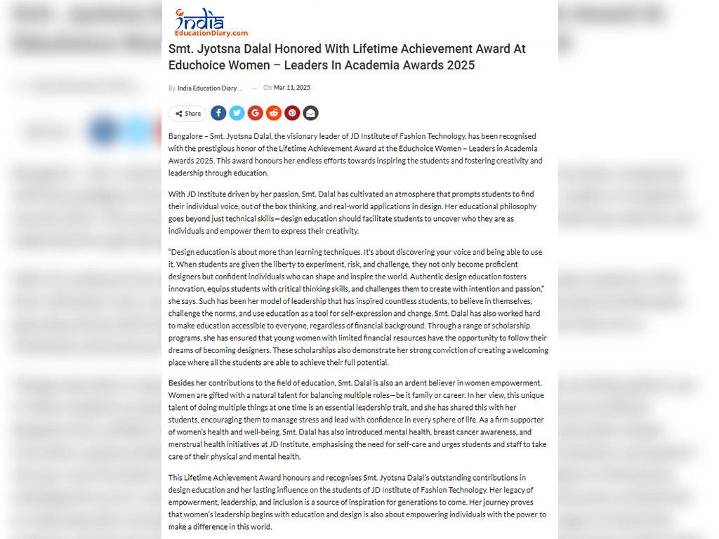 Smt Jyotsna Dalal Honored with Lifetime Achievement Award at Educhoice Women – Leaders in Academia Awards 2025